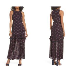 NWTD NSR Size M Polka Dot Print Sleeveless Ruffle Maxi Dress Navy Rust